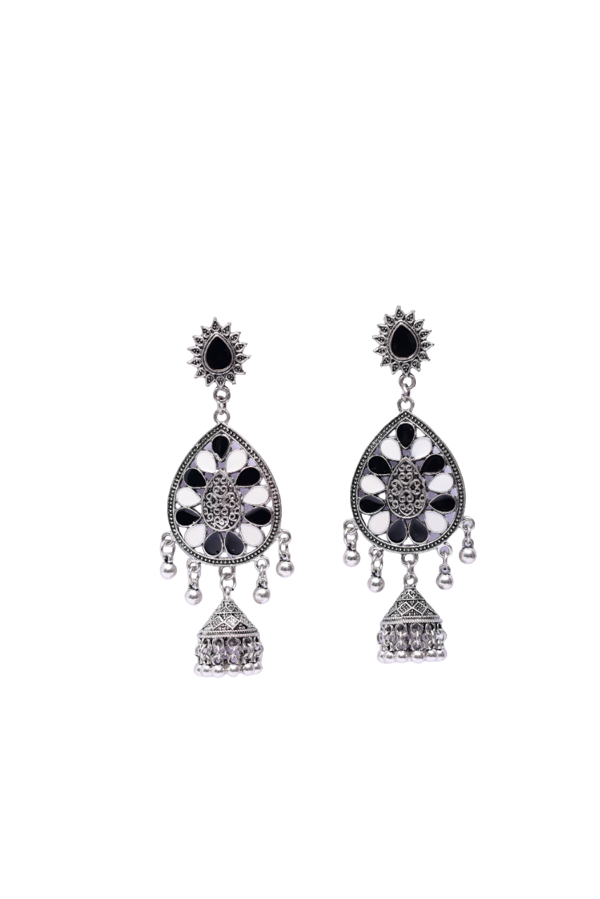 Namokriti Stunning Silver -Plated Jhumka Earrings: Black and White Floral Enamel with a Unique Sun-Shaped Stud